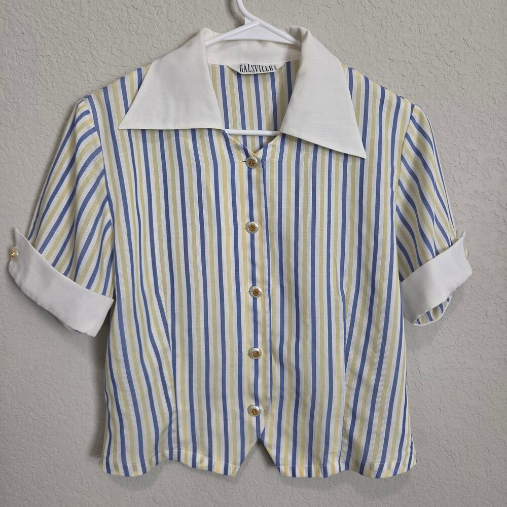 Galsville Tokyo Short Sleeve Blouse Womens Medium Blue Yellow White Stripe